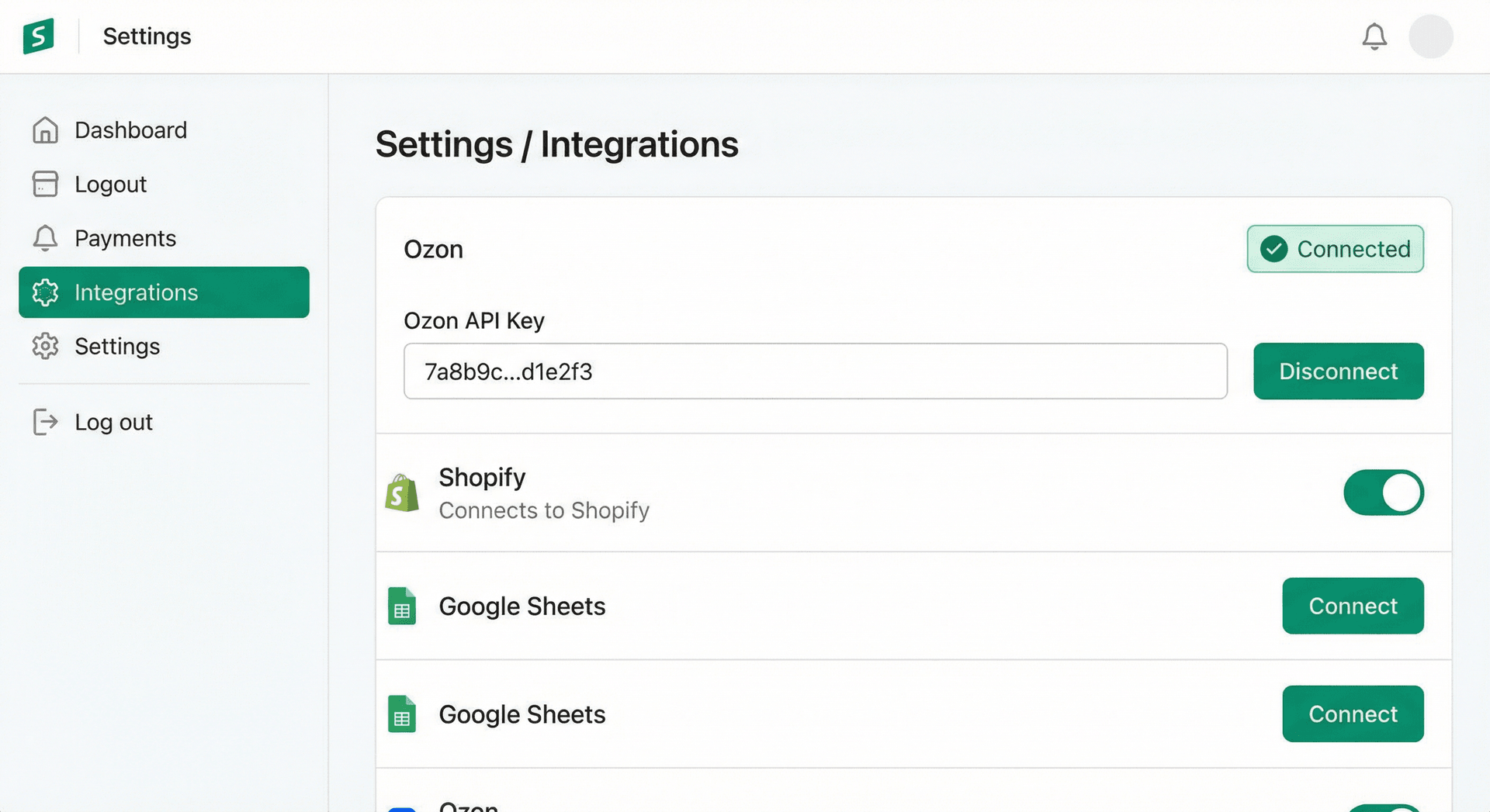 Ozon connection in settings