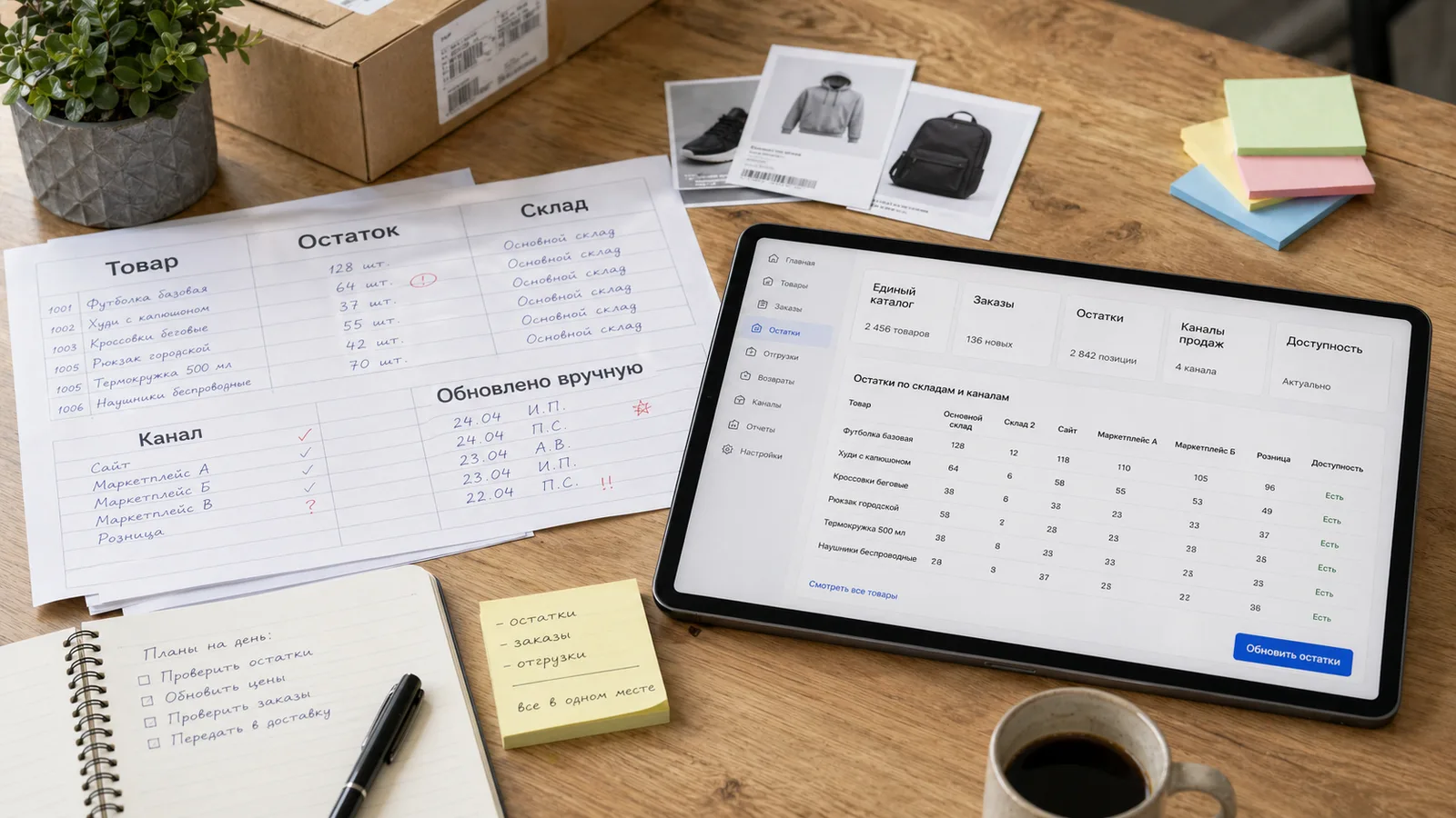 Рабочий стол с таблицами и интерфейсом учета остатков