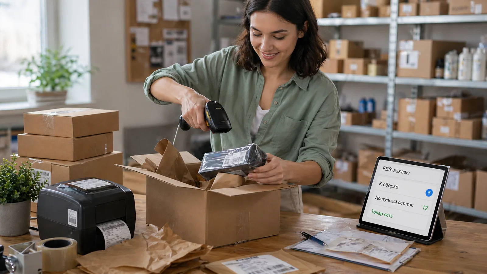 Сотрудник проверяет товар перед сборкой FBS-заказа на упаковочном столе