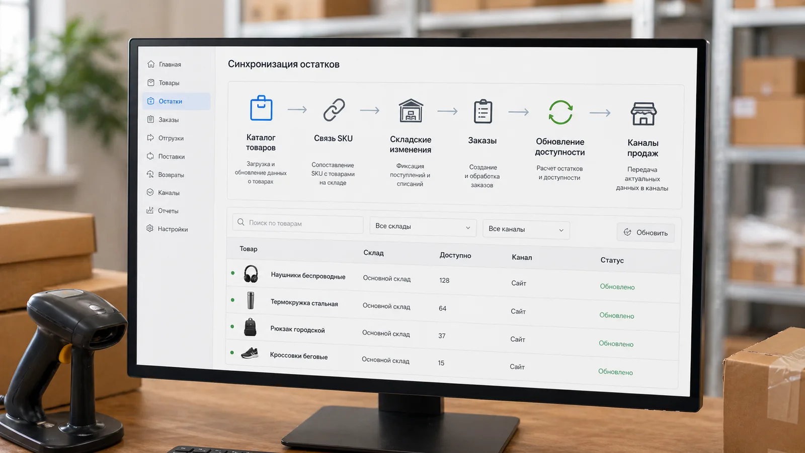 Схема синхронизации остатков: каталог, SKU, склад, заказы и каналы продаж
